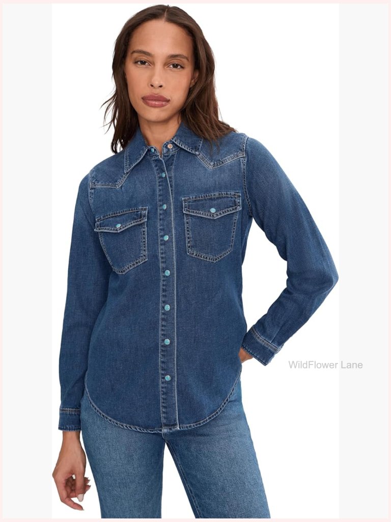 Western Slim Denim Shirt With Snap Buttons And Flap Pockets